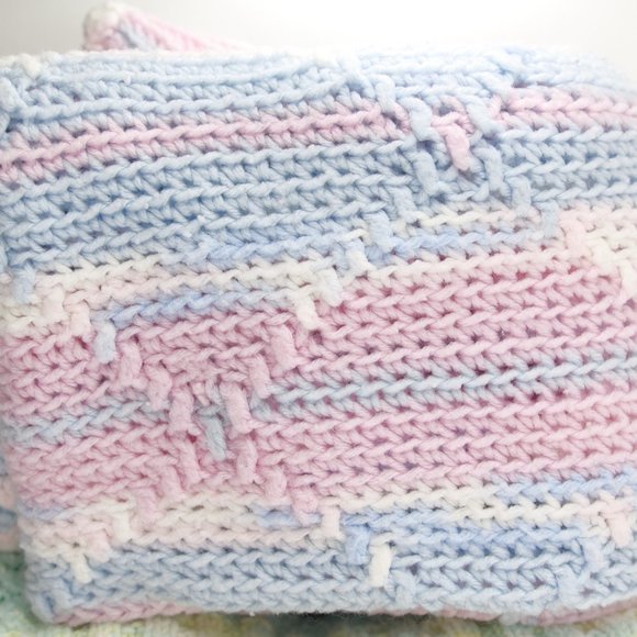 Vintage Baby Blanket Crochet Handmade Pastel Pink White Blue well-made 28x90‎ - Picture 4 of 4